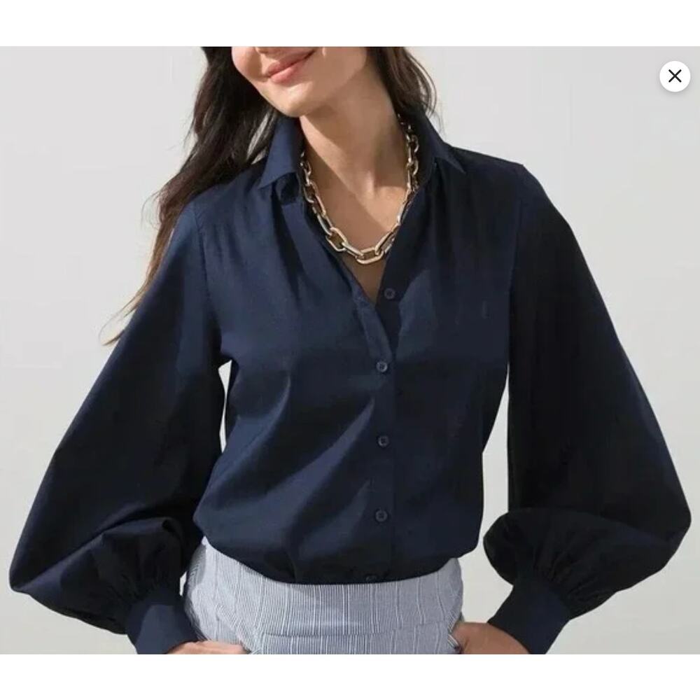 Chico's Black Poplin Cotton Puff Sleeves Button Down Top Poet Cottage (size 1/S)